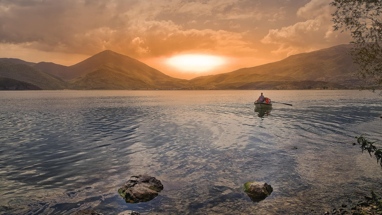 albania, landscape, prespa more, sunset, boat, reflection, nature, against light on Inner Progress Project