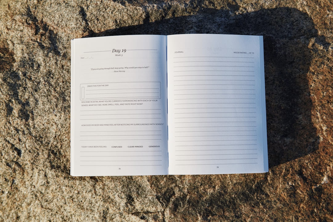 An open notebook sitting on top of a rock on Inner Progress Project